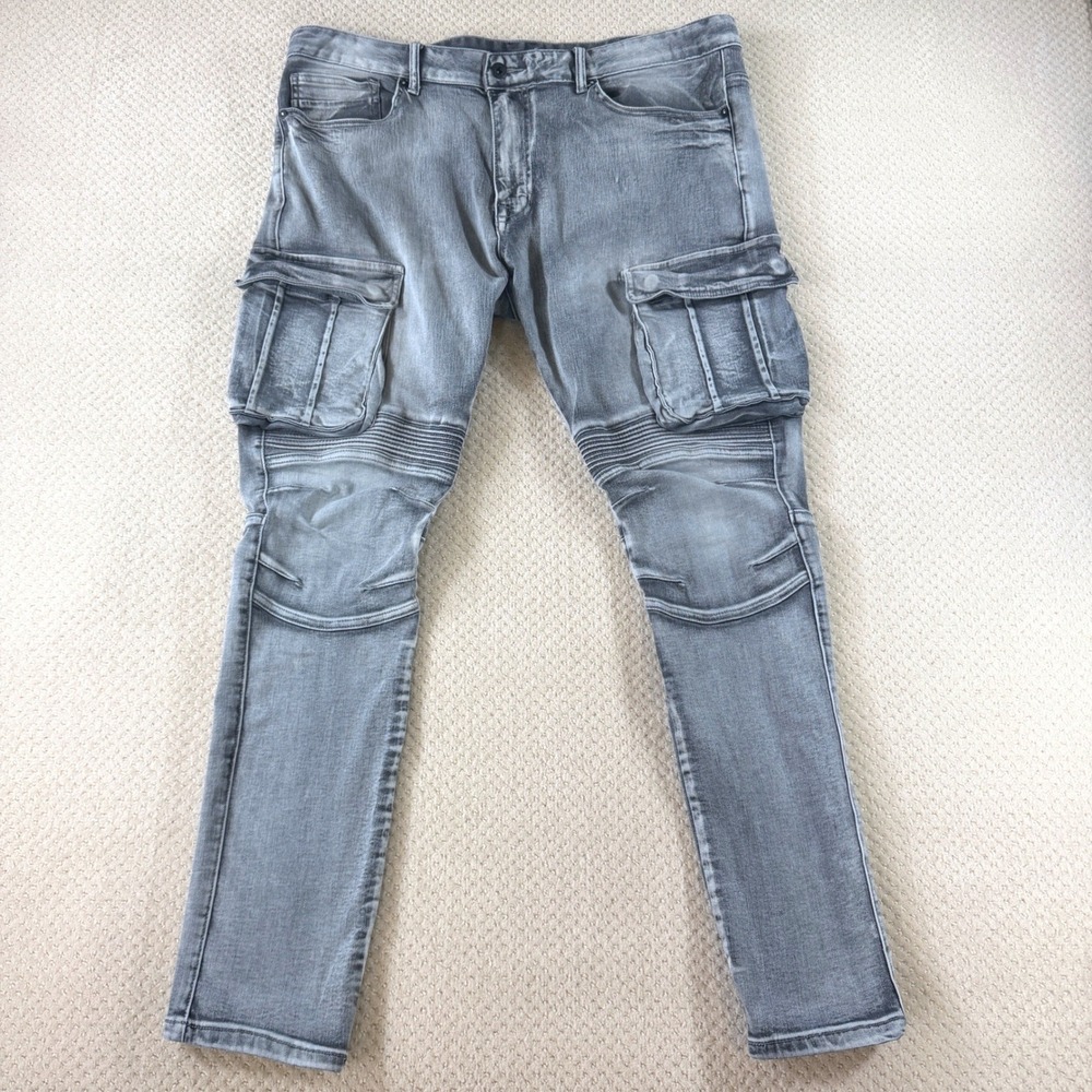 Cargo Biker Skinny Jeans Mens 40x32 Smoke Rise Gray Moto Ribbed Slim Motorcycle